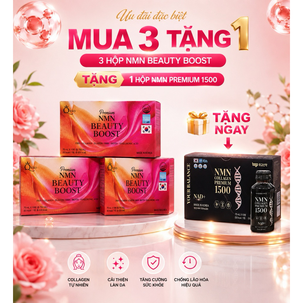 combo 3 hộp Premium NMN Beauty Boost - Làm Đẹp Với Fish Collagen 6000mg NMN Hyaluronic Acid & Elasti