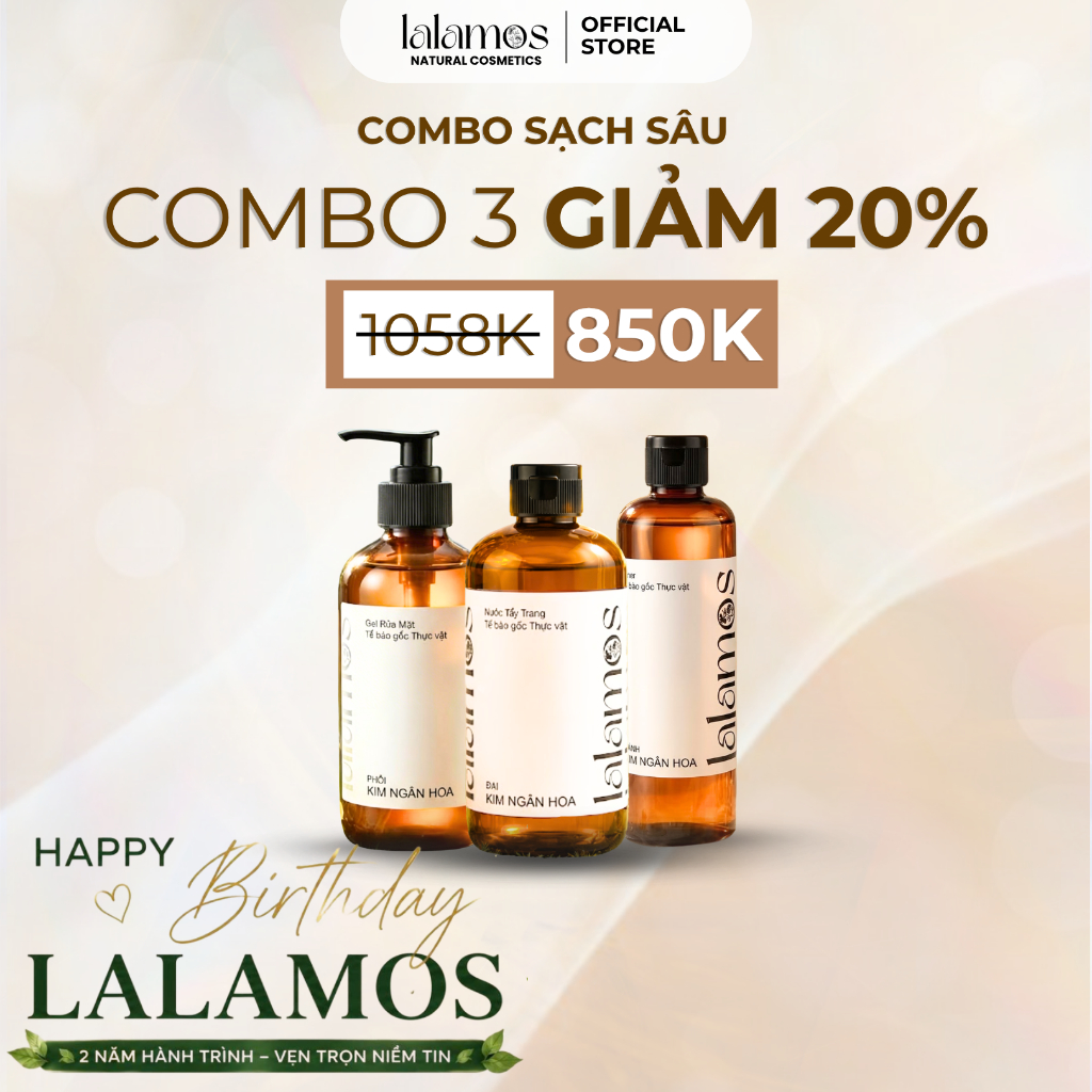 Combo Sạch Sâu Lalamos Nước Tẩy Trang 280ml + Sữa Rửa Mặt 280ml + Toner Kim Ngân Hoa 250ml