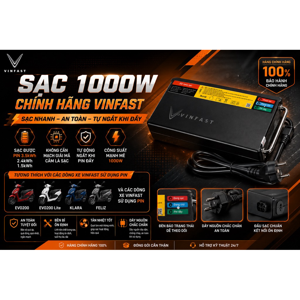 Sạc 1000W Chính Hãng VinFast Cho EVO,  Klara, Feliz|Hỗ Trợ Pin 1.5kWh,2.4kWh,3.5kWh|Cắm Là Sạc,Tự Ng