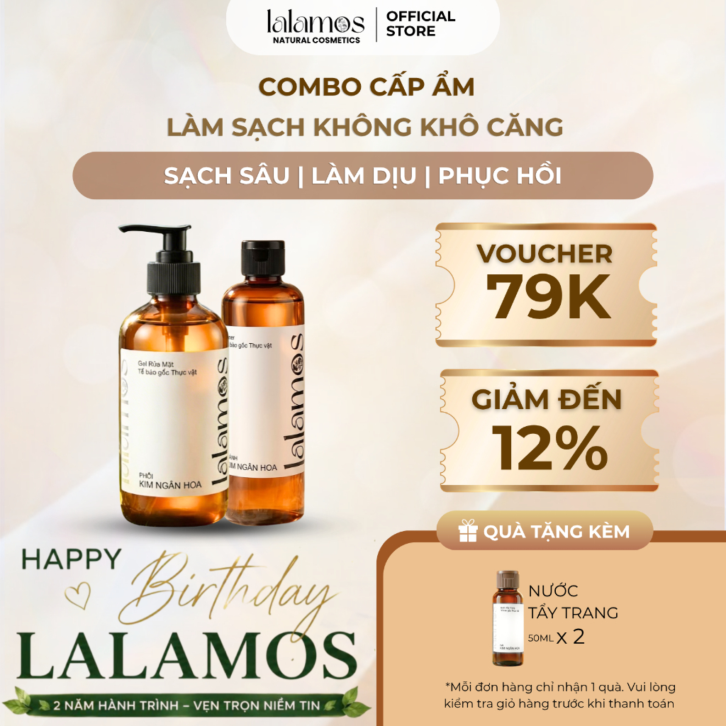 Combo Cấp Ẩm Lalamos Sữa Rửa Mặt Phôi Kim Ngân Hoa 280ml + Toner Cánh Kim Ngân Hoa 250ml