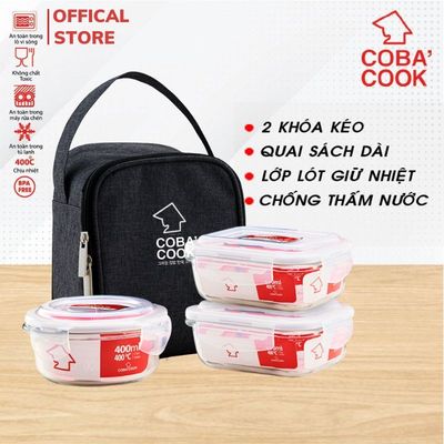 Bộ hộp cơm thủy tinh COBA'COOK 2 hộp chữ nhật 370ml và 1 hộp tròn 400ml + 1 túi giữ nhiệt- CCR4L33BS