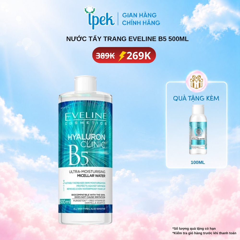 Nước tẩy trang Eveline Hyaluronic Clinic B5 500ML chiết xuất rau má lành tính, làm sạch sâu
