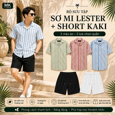 Set Bộ Nam Áo Sơ Mi Kẻ Lester + Quần Short Kaki Excool MKCLEVER Form Rộng Thoáng Mát, Set Đồ Nam Trẻ Trung Mùa Hè