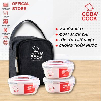 Bộ 3 Hộp Tròn Đựng Cơm Thủy Tinh Chịu Nhiệt COBA'COOK Kèm Túi Đựng Giữ Nhiệt- CCR43BS