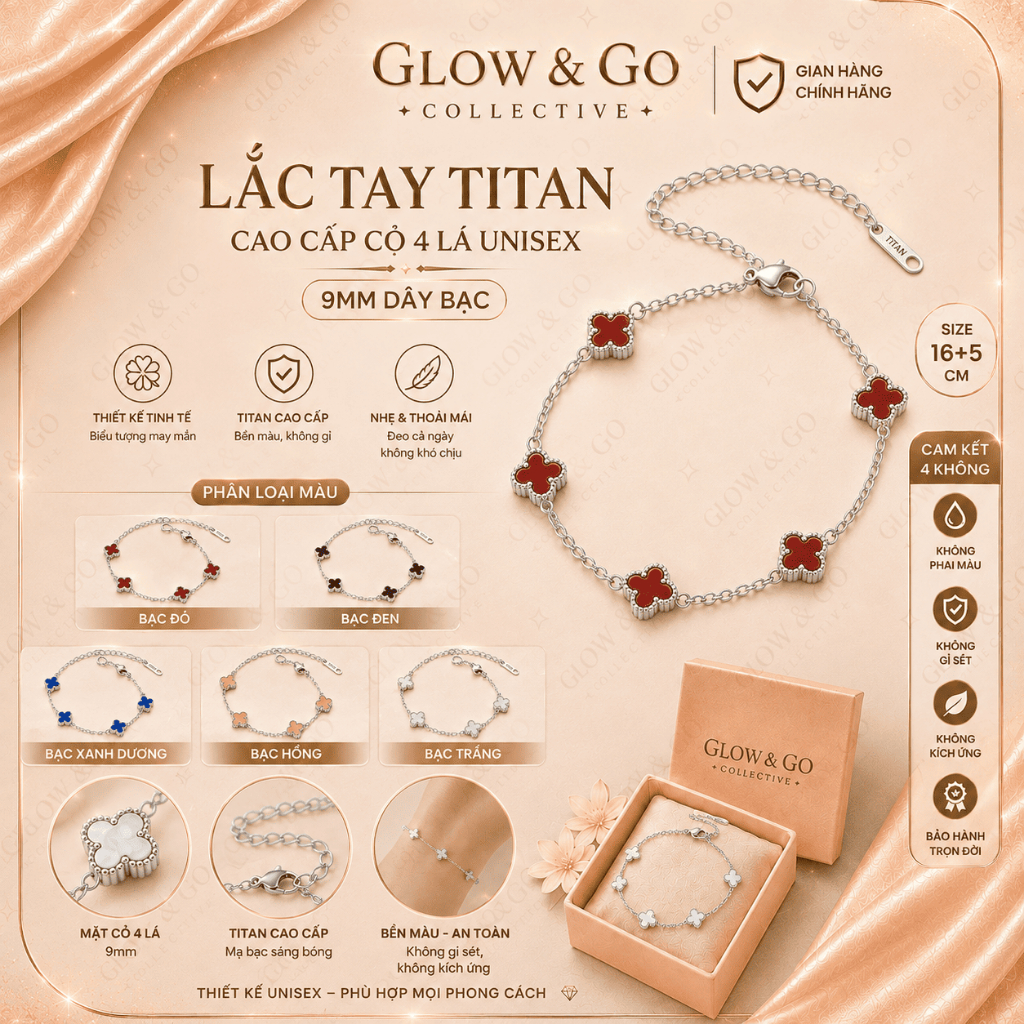 Lắc Tay Titan Cao Cấp Cỏ 4 Lá 9mm Unisex Dây Bạc - Vòng Tay Dây Bạc Không Gỉ Chống Nước Bền Màu May Mắn Glow & Go