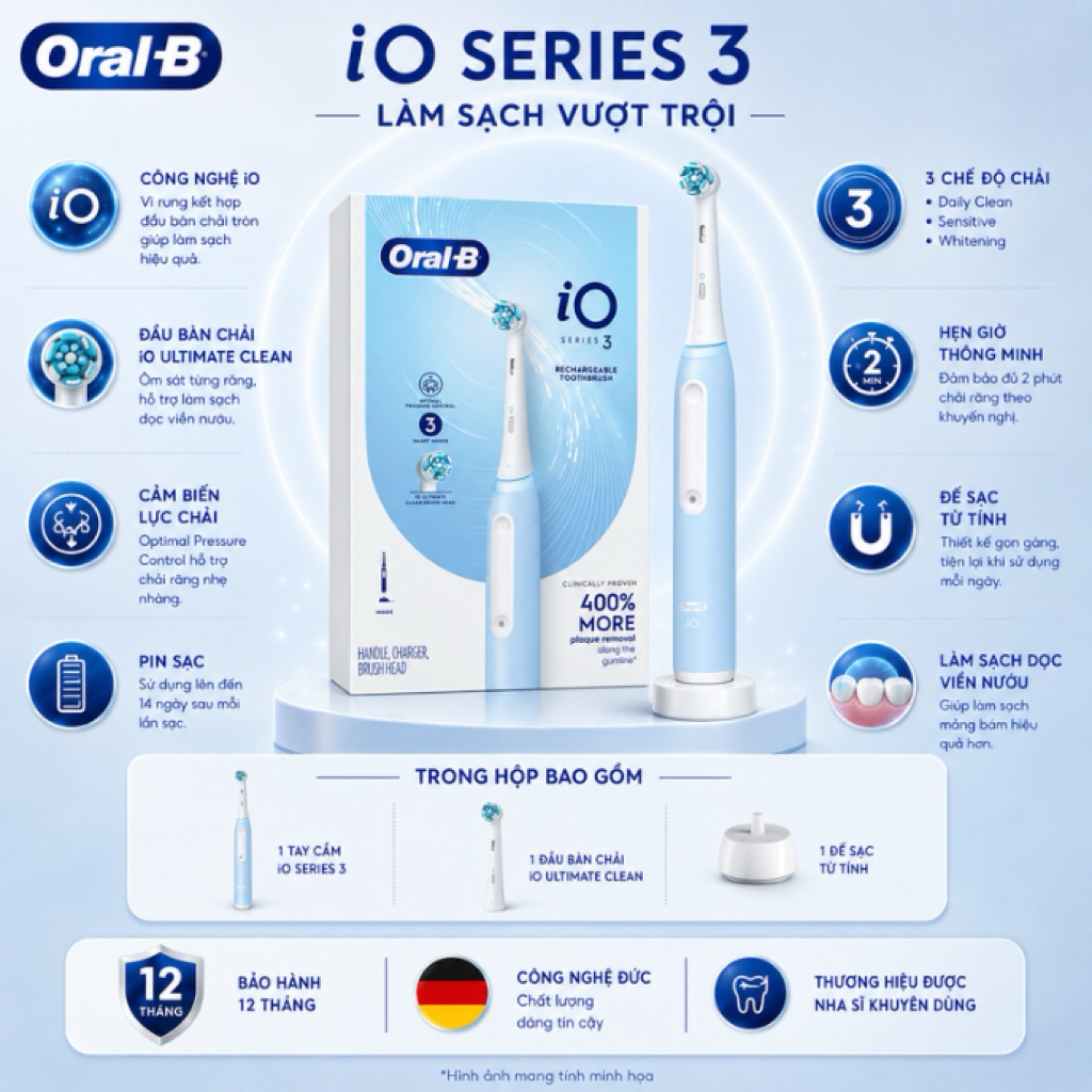 [MỚI 2026] Bàn Chải Điện Oral-B iO Series 3 Chính Hãng, 3 Chế Độ Chải, Cảm Biến Áp Lực Bảo Vệ Nướu