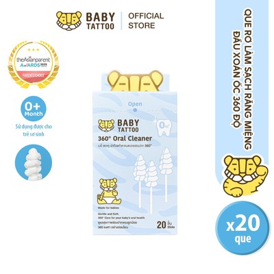 BABY TATTOO Que Rơ Lưỡi Đầu Xoắn Ốc 360 Độ, Gạc Y Tế, Vệ Sinh Khoang Miệng, Làm Sạch Cặn Sữa Cho Bé, Hộp 20 Que