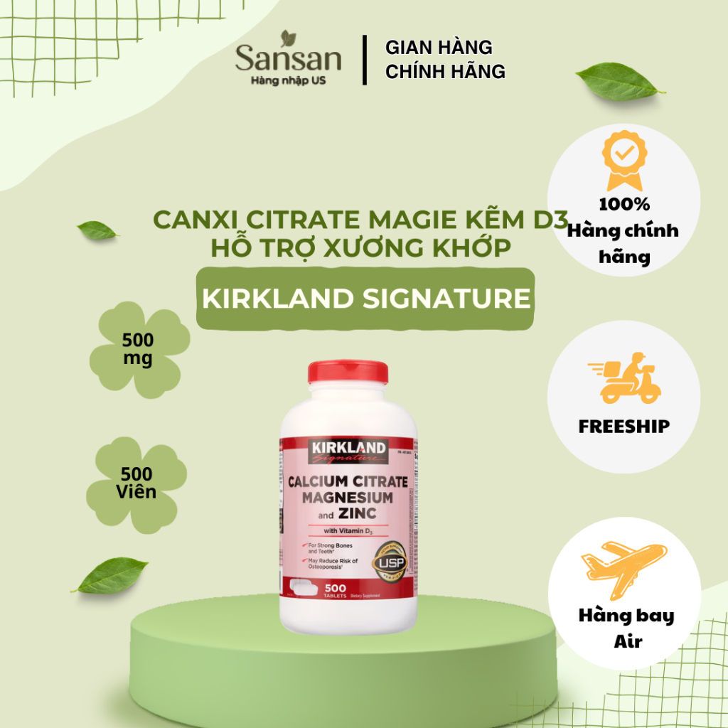 Viên Uống Canxi Citrate Magie Kẽm Kirkland Signature 500 Viên Bổ Sung Vitamin D3 Hỗ Trợ Xương Khớp