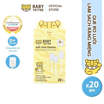 BABY TATTOO Que Rơ Lưỡi, Gạc Vệ Sinh Răng Miệng, Làm Sạch Cặn Sữa Cho Bé Sơ Sinh 0-8 Tháng, Dùng Một Lần, Hộp 20 Que