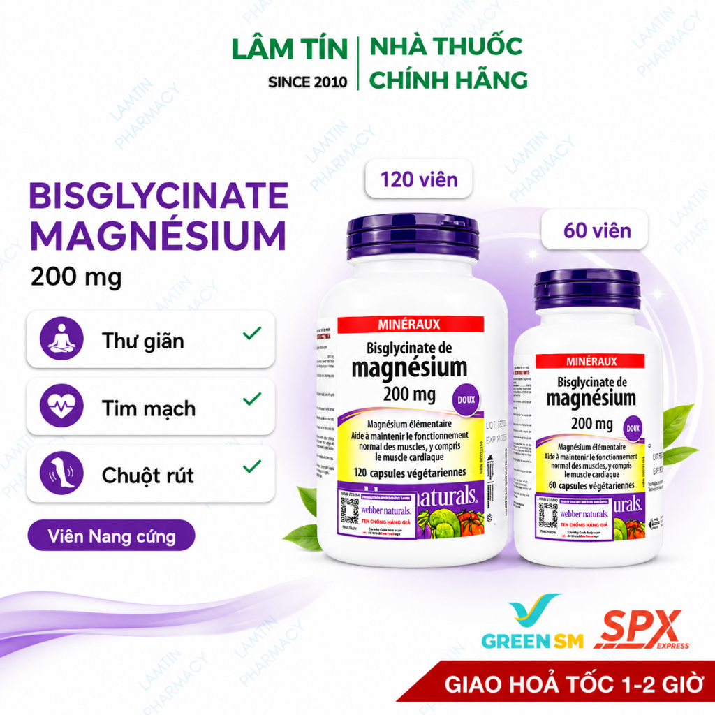 Magnesium Bisglycinate 200mg, Bổ sung Magie b6 giảm triệu chứng đau mỏi chuột rút. lọ 60 và 120 viên