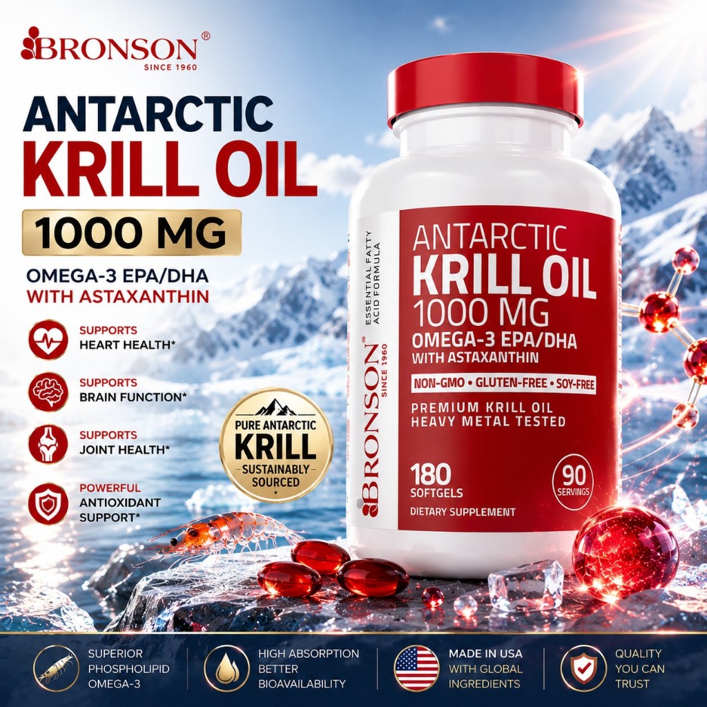 Dầu nhuyễn thể Bronson Antarctic Krill Oil Omega-3 EPA/DHA, 1000 mg 180viên, dầu cá hỗ trợ sức khỏe,