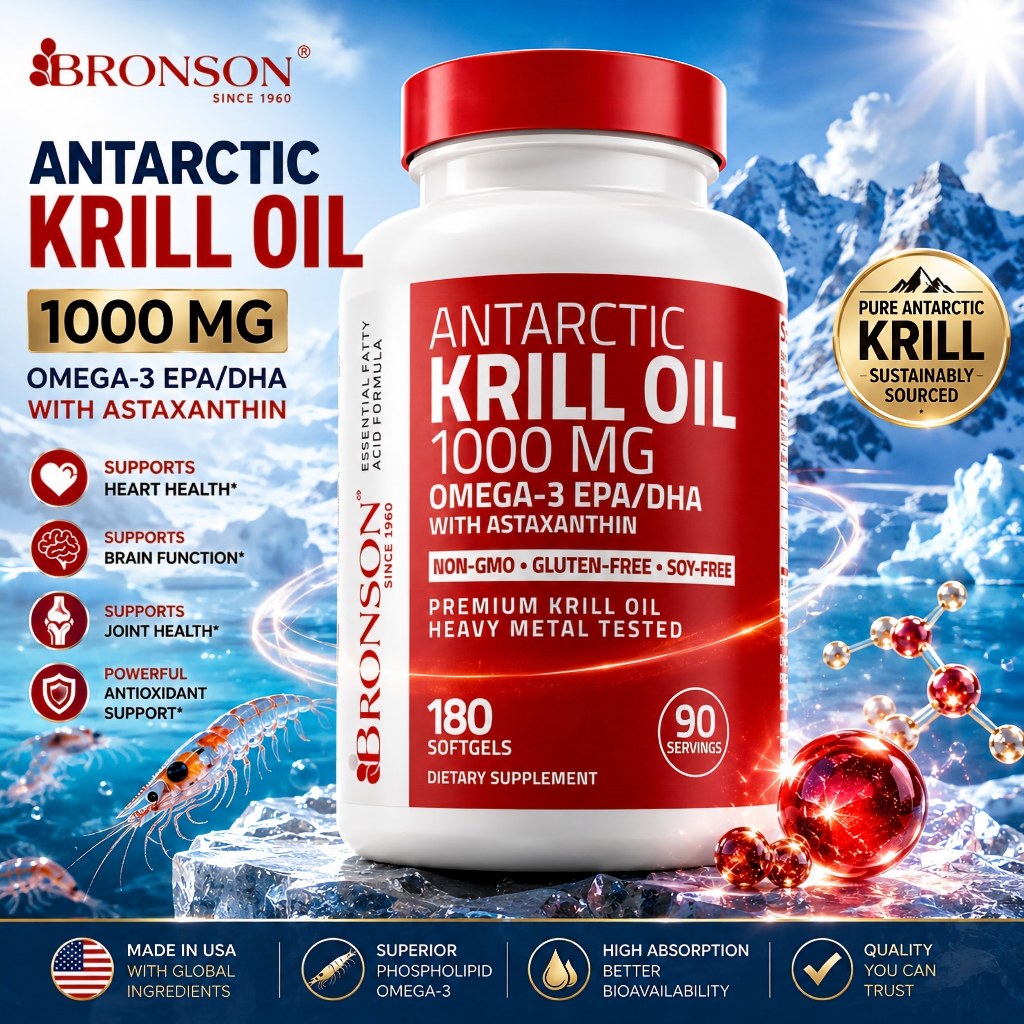 Dầu nhuyễn thể Bronson Antarctic Krill Oil Omega-3 EPA/DHA, 1000 mg 180viên, dầu cá hỗ trợ sức khỏe,