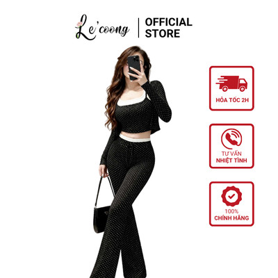 Set Chấm Bi Áo Hai Dây Kem Áo Choàng LECOONG B270 Phối Quần Ôm Ống Loe Sang Chảnh