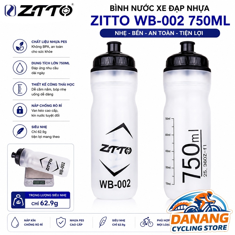 Bình Nước Xe Đạp Nhựa ZiTTO WB-002 750ml – Cho Road, MTB, Gravel