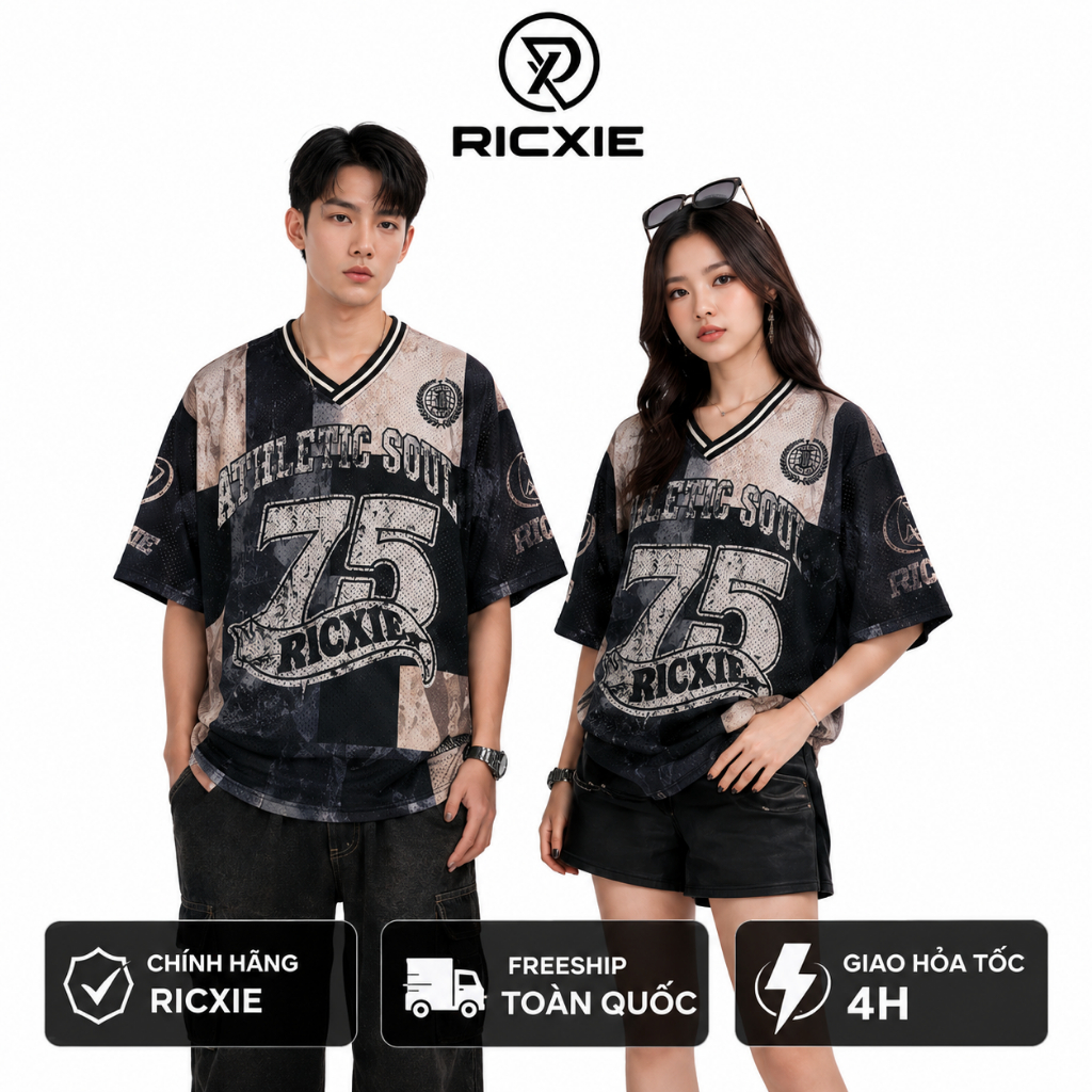 Áo Thun Lưới Ricxie Athletic Soul 75 Unisex Form Oversize Cổ V Áo Thể Thao Streetwear