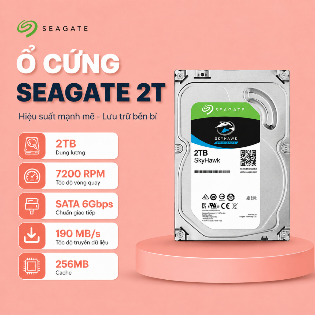 Ổ Cứng HDD Seagate Skyhawk 500GB/2TB 3.5 Inch SATA 6Gb/s 7200RPM Cache 256MB – Lưu trữ ổn định