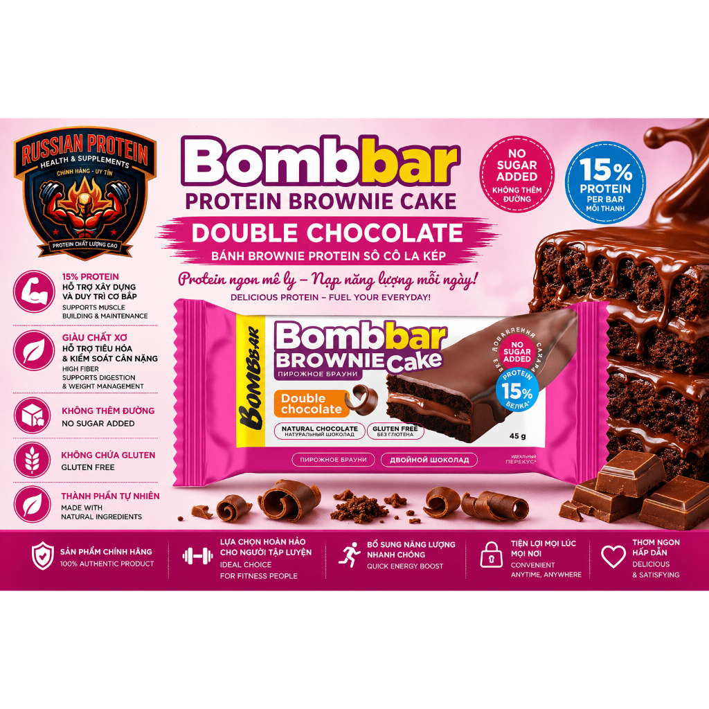Russian Protein Bánh Brownie Protein Bombbar Double Chocolate - Không Đường ,Eat Clean