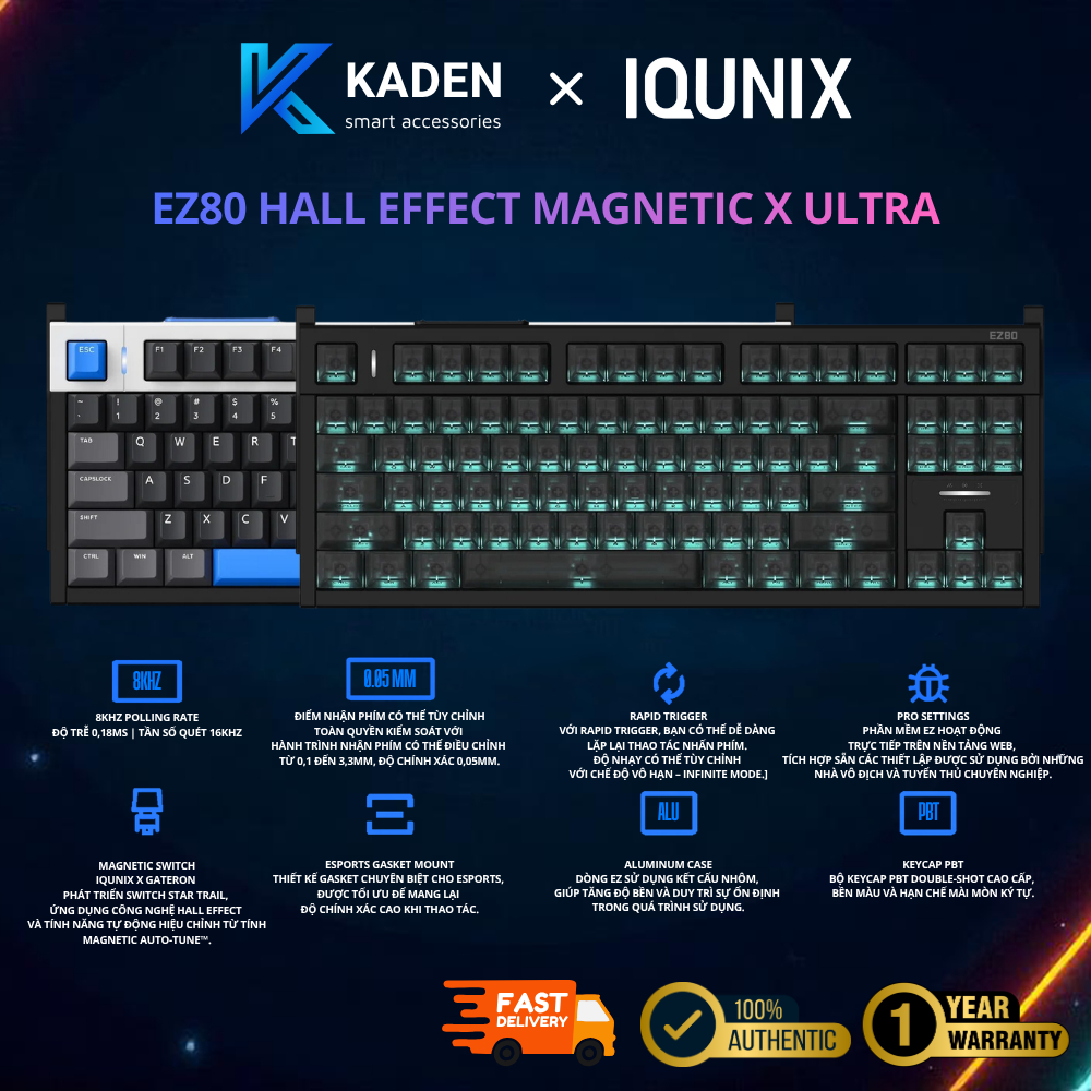[CHÍNH HÃNG] Bàn Phím Cơ IQUNIX EZ80 HE Magnetic X Ultra TKL 80% 8000Hz Rapid Trigger 0.005mm