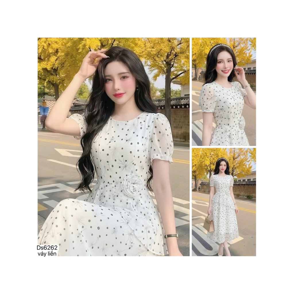 (Váy/Đầm Chính Hãng DVC) Ds6262 Thiết kế chấm bi đính hoa eo thủ công, peplum che bụng tôn dáng