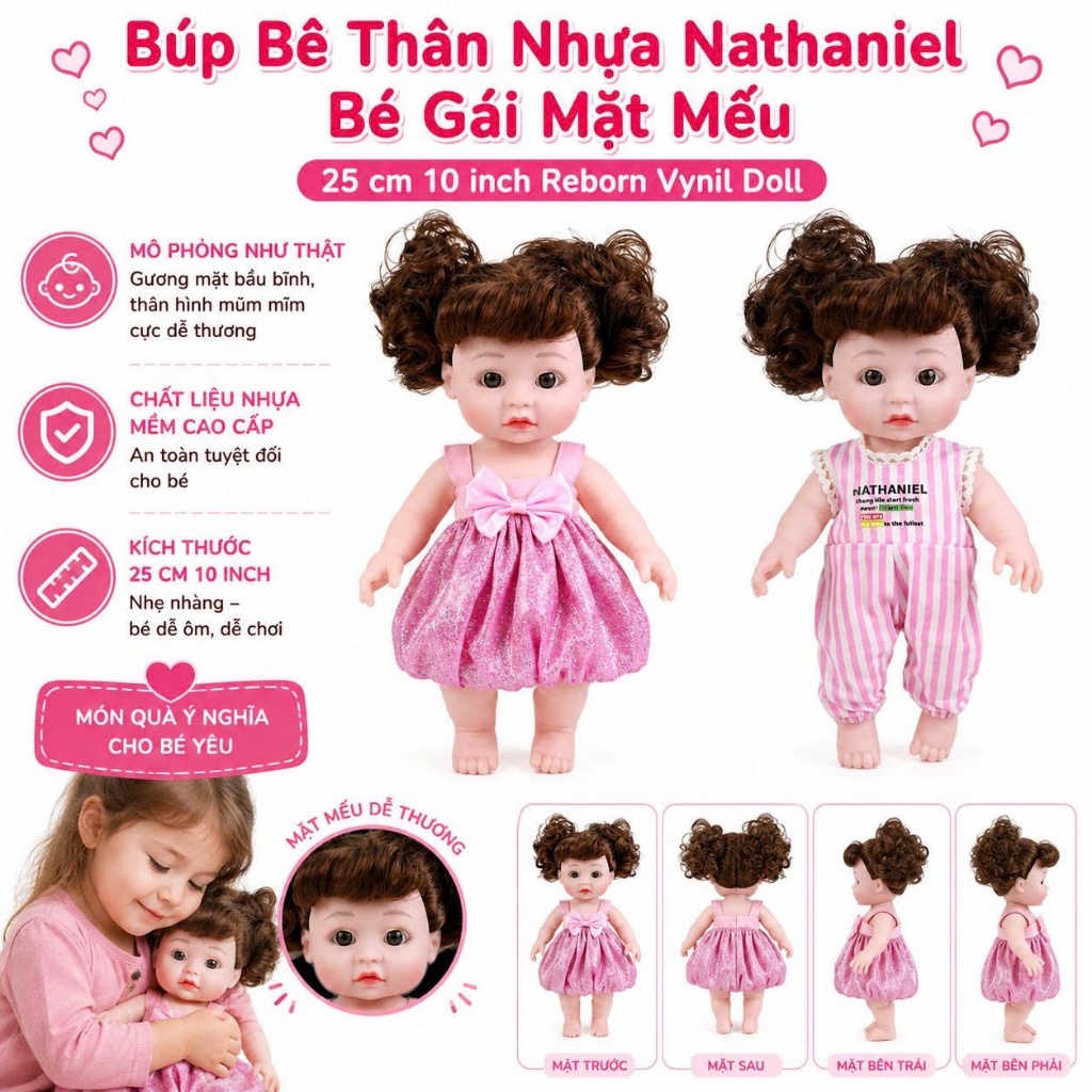Búp Bê Thân Nhựa Nathaniel Bé Gái Mặt Mếu 25 cm 10 inch Reborn Vynil Doll