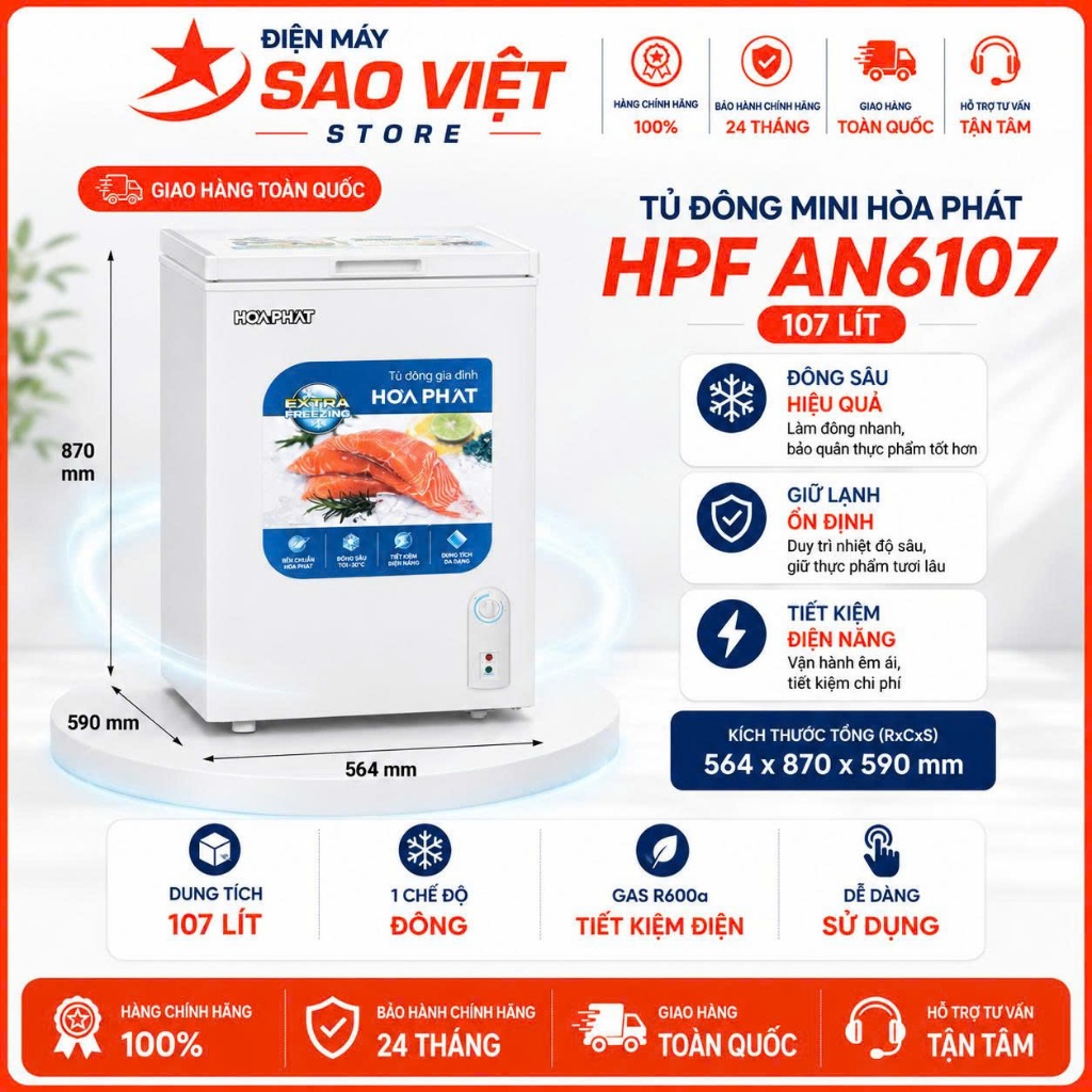 Tủ Đông Mini Hòa Phát 107 lít HPF AN6107 làm Lạnh Nhanh Bảo Hành Chính Hãng 24 Tháng Tại Nhà
