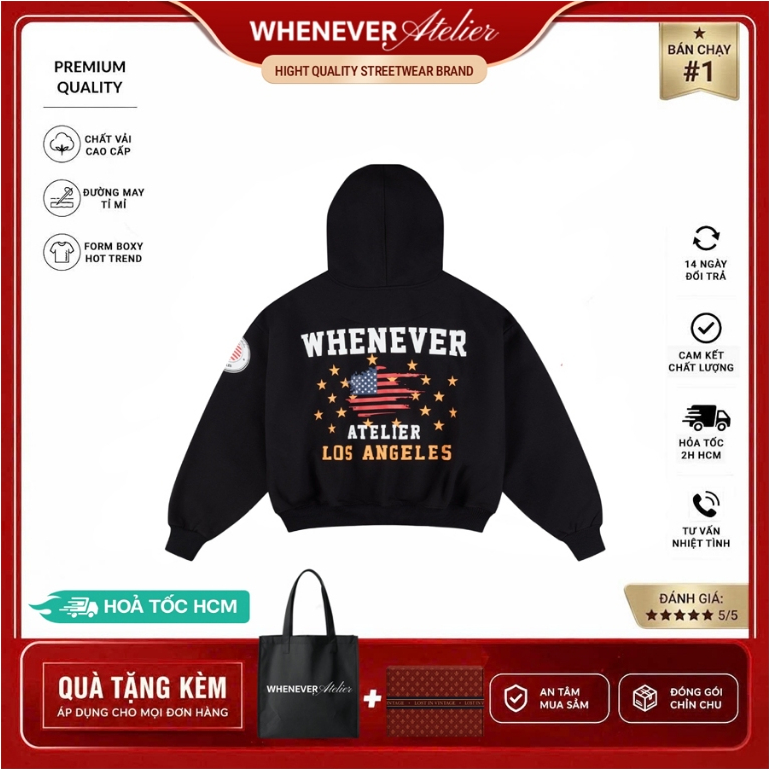 Whenever Atelier | Áo Hoodie Zip Whenever LA Hoodie Zip Form Boxy Vải Nỉ Bông Cao Cấp - Black