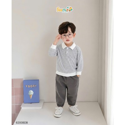 Set bộ dài tay Polo Beemo in hình kẻ ngang phối quần linen cho bé đi học, đi chơi từ 9-24kg 6200BDB