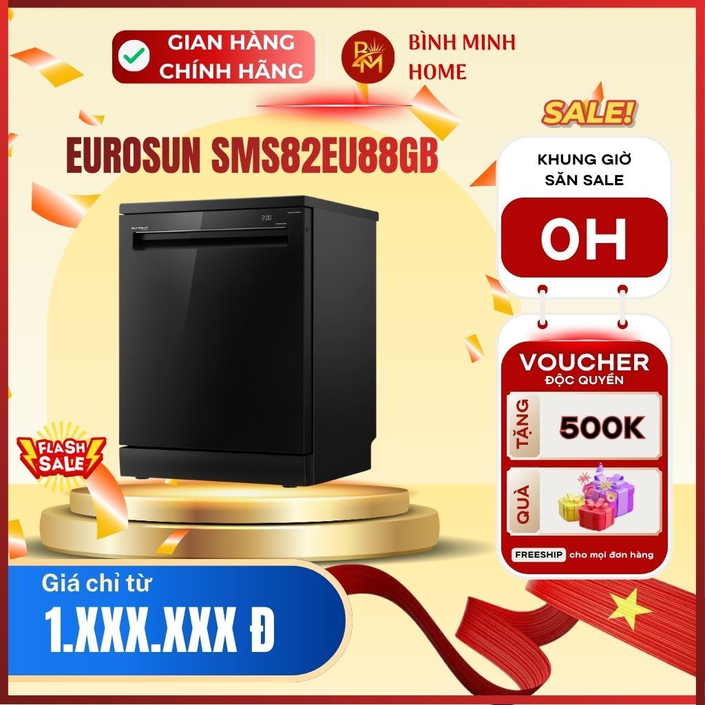 Máy rửa bát Eurosun SMS82EU88B. Máy rửa bát 16 bộ mặt kính đen, sấy Fresh & Drying, UV Tech.