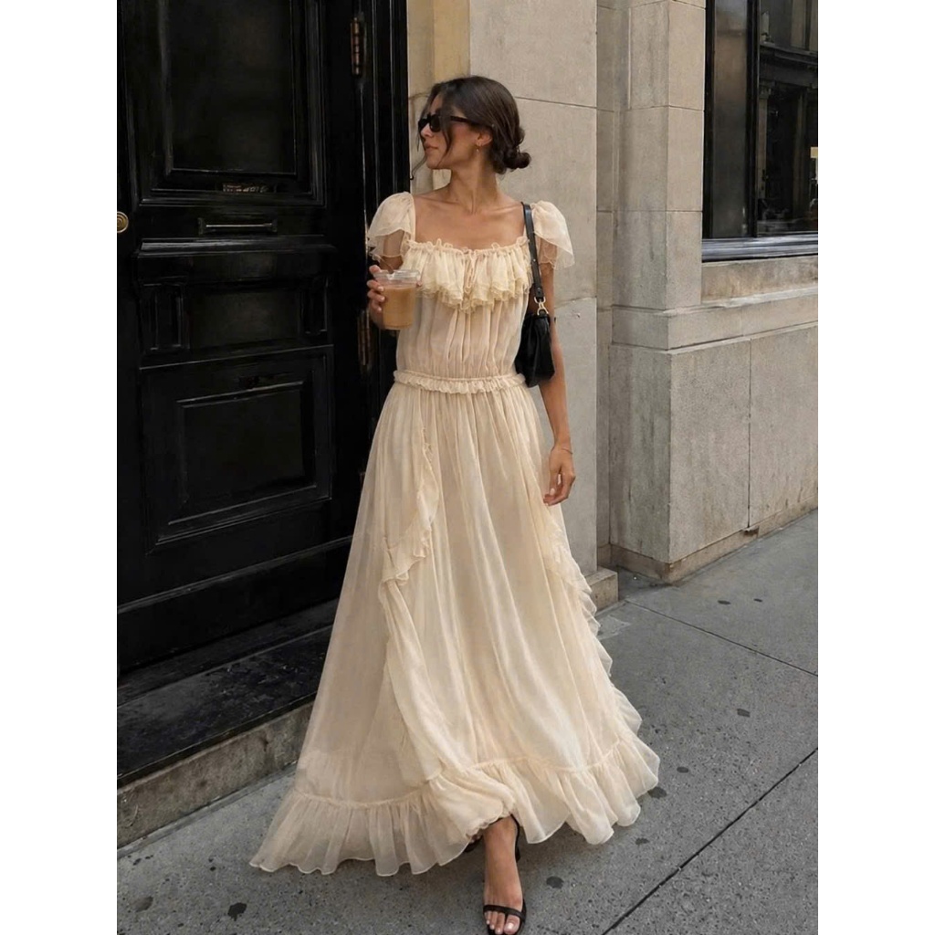 ONONMADE Monroe Dress – Đầm Maxi Bèo Nhún Voan Cổ Vuông