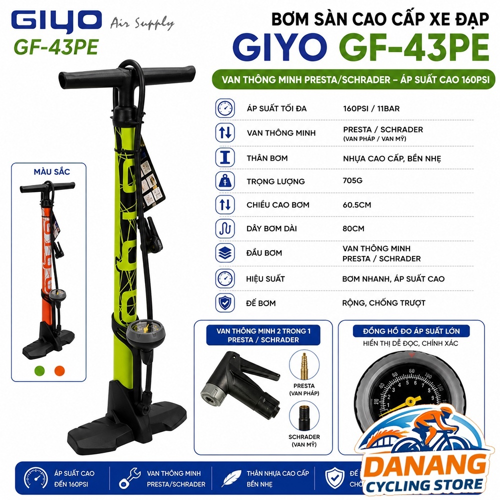 Bơm Sàn Cao Cấp Xe Đạp GIYO GF 43PE – Van Thông Minh Presta/Schrader, Áp Suất Cao 160psi