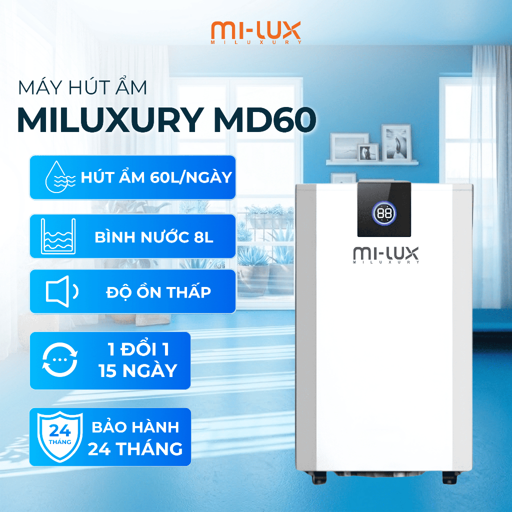 Máy hút ẩm lọc không khí thông minh, Ion âm MILUXURY MD60 công suất 700W