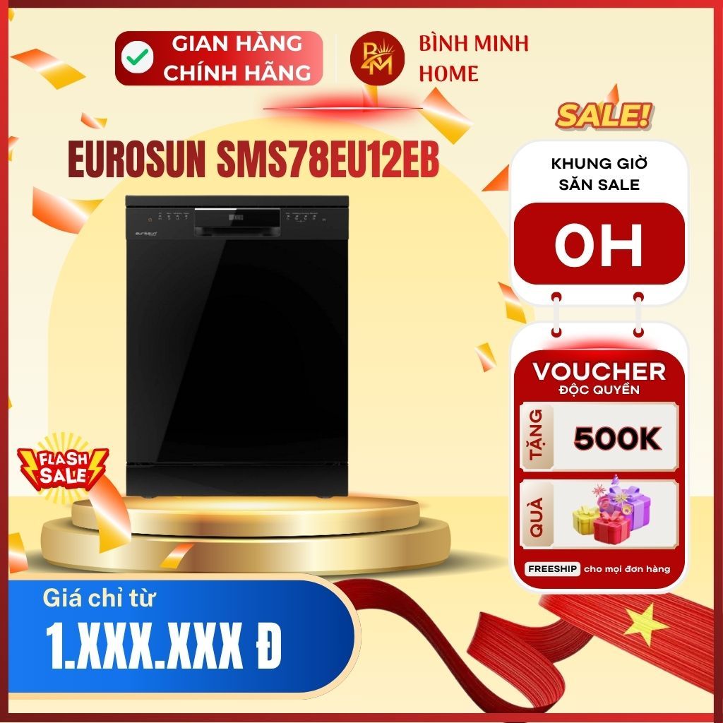 Máy rửa chén Eurosun SMS78EU12EB. Máy rửa bát độc lập 13+ bộ, động cơ BLDC Eco Silence