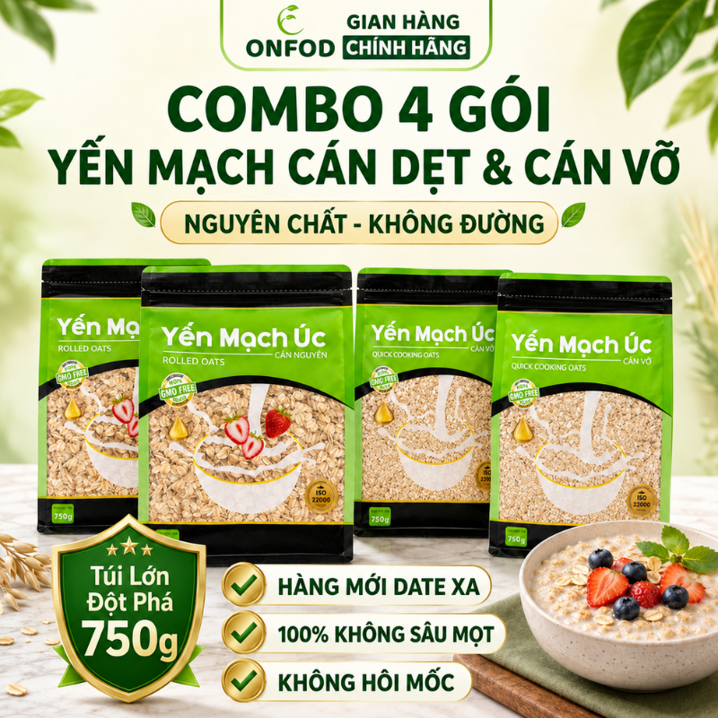Combo 4 gói yến mạch cán dẹt cán vỡ ăn liền ONFOD ăn kiêng eat clean healthy cho bé ăn dặm