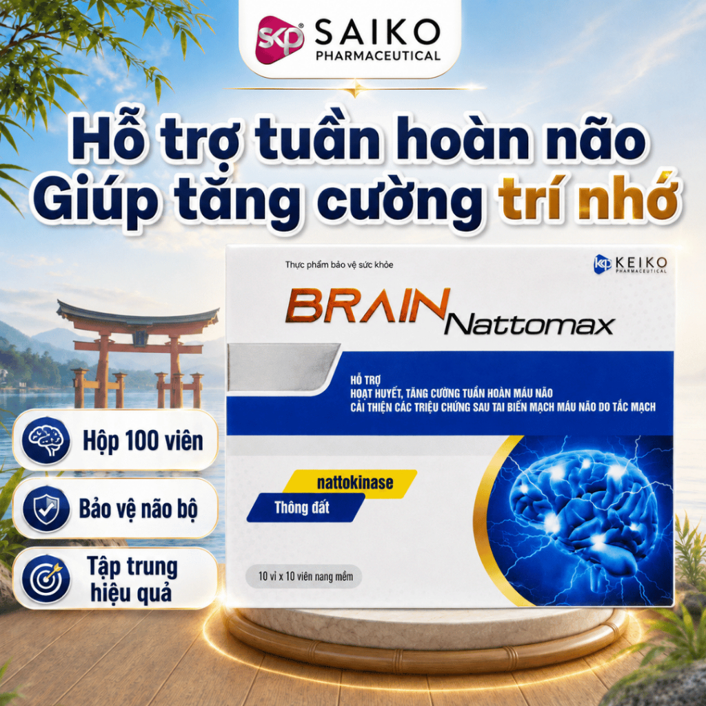 Viên Uống Hoạt huyết, tăng cường tuần hoàn máu não Brain Nattomax  100 Viên Nattokinase 3000FU
