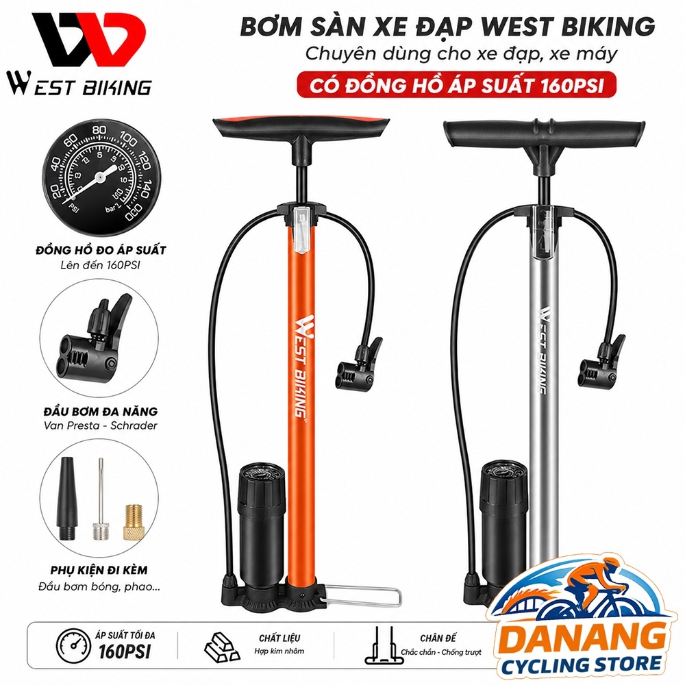 Bơm Sàn Xe Đạp WEST BIKING 160 PSI – Bơm Xe Đạp, Xe Máy Có Đồng Hồ Áp Suất – Kèm Đầu Bơm Bóng, Phao
