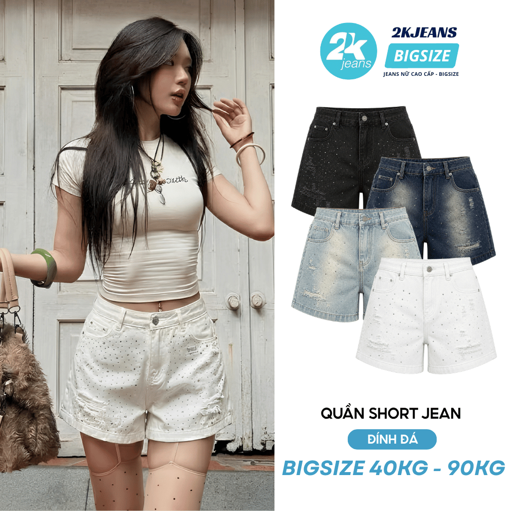 Quần Jean Ngố Cạp Chun Lưng Cao Đính Đá Thêu Ngựa Túi Sau Bigsize QC75 2KJeans