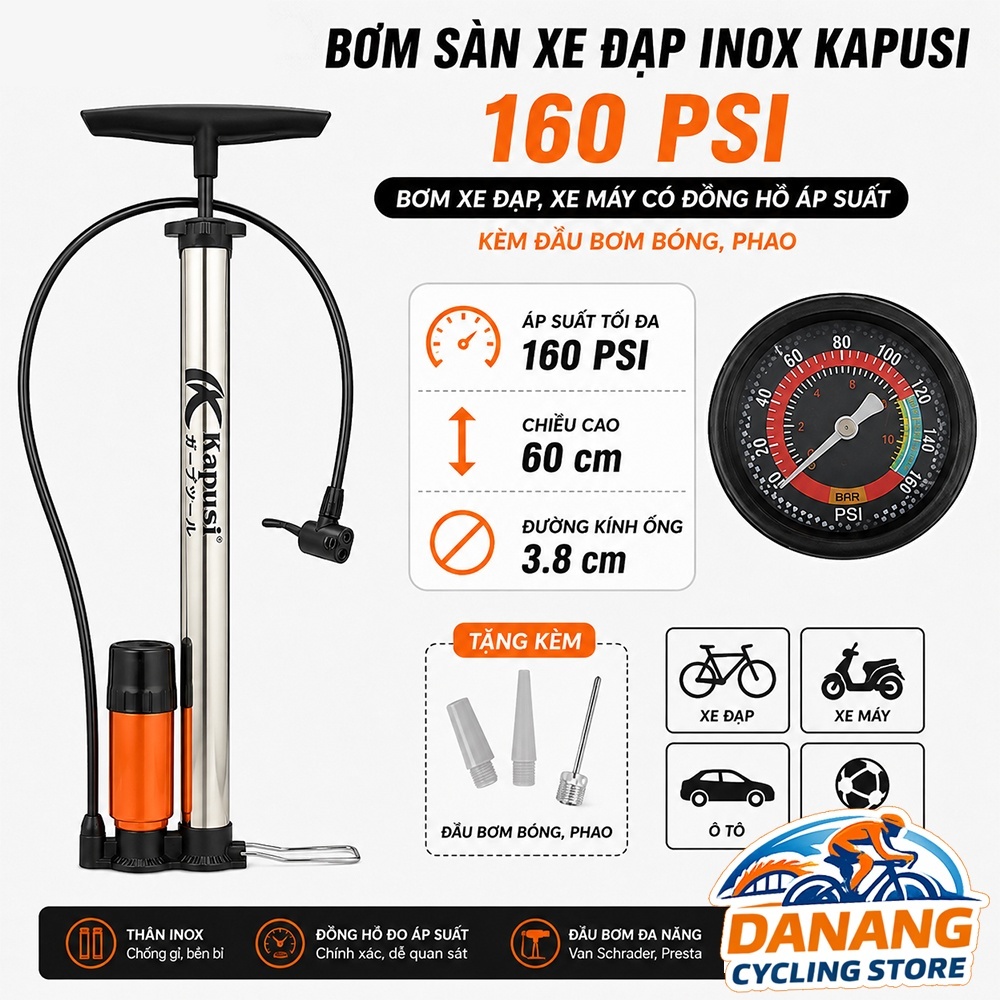 Bơm Sàn Xe Đạp INOX KAPUSI 160 PSI – Bơm Xe Đạp, Xe Máy Có Đồng Hồ Áp Suất – Kèm Đầu Bơm Bóng, Phao