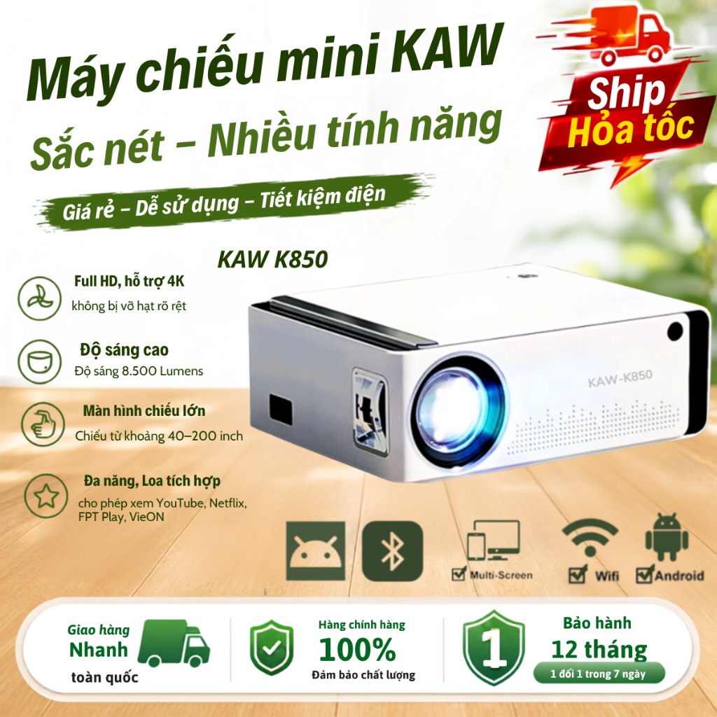 Máy Chiếu Mini KAW K850 Chính Hãng Chiếu Gia Đình, Độ Sáng Cao, Hỗ Trợ Video 4K, Full HD