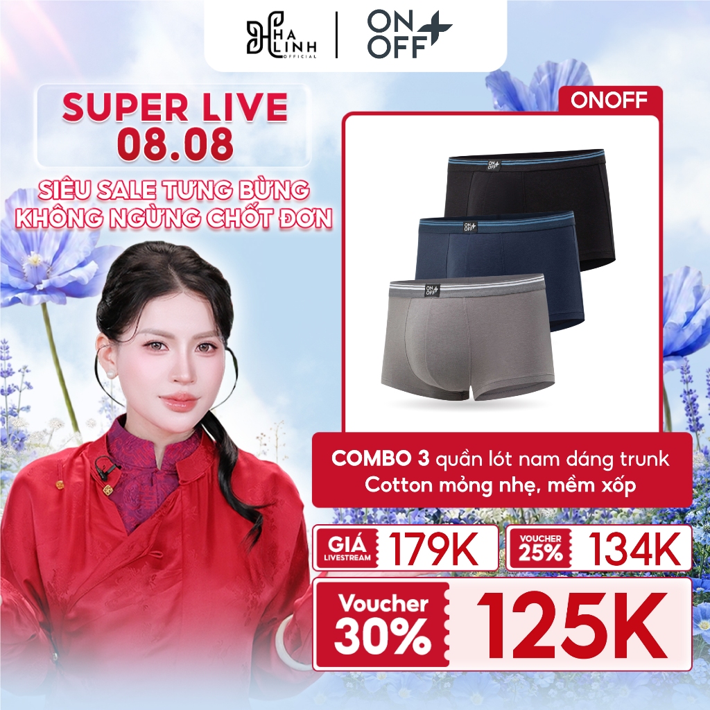[Võ Hà Linh x ONOFF] Combo 3 quần lót sịp nam trunk Cotton mềm xốp thấm hút vượt trội - ONOFF