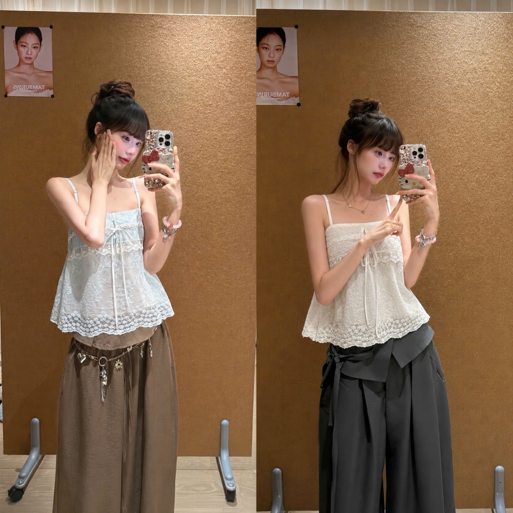 Áo 2 dây ren thêu hoa phối nơ tiểu thư hh127