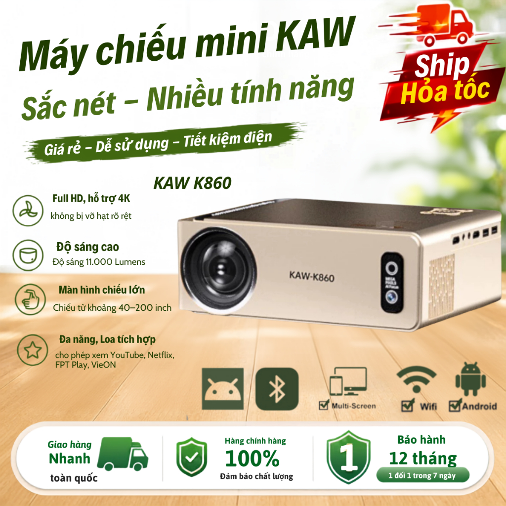 Máy Chiếu Mini KAW K860 Tự Động Lấy Nét, Tự Động Căn Chỉnh, Hỗ Trợ 4K, Độ Phân Giải Full HD