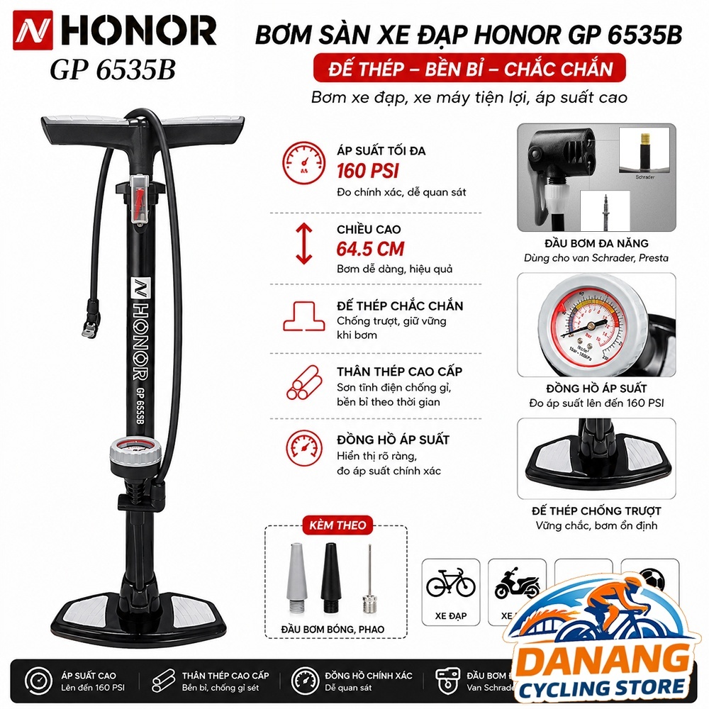 Bơm Sàn Xe Đạp HONOR GP-6535B – Đế Thép Có Đồng Hồ Áp Suất 160 PSI – Van Pháp & Van Mỹ