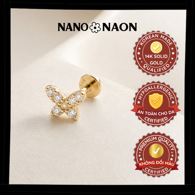 [Nano&Naon] Khuyên tai Vàng 14K Hàn Quốc flatback bướm đá nhí 1184 - Nano&Naon