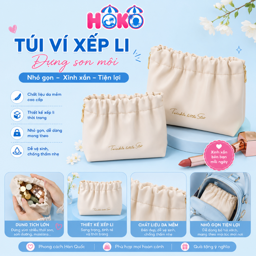 Túi xếp li cao cấp đựng mỹ phẩm HOKO Túi đựng son môi PU có thể giặt được nhỏ gọn sang trọng