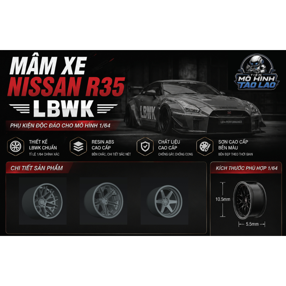 Mô hình 1/64 bộ bánh 3d resin thay thế cho r35 lbwk MiniGT 1/64 ( đọc kĩ mô tả trc khi đặt)