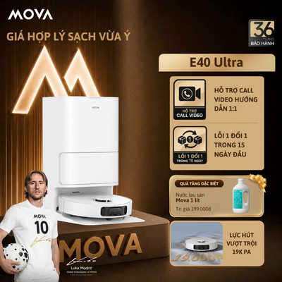 Robot Hút Bụi Lau Nhà Mova E40 Ultra | Lực hút 19.000Pa| xòe giẻ 4cm làm sạch sát cạnh | BH 36 tháng