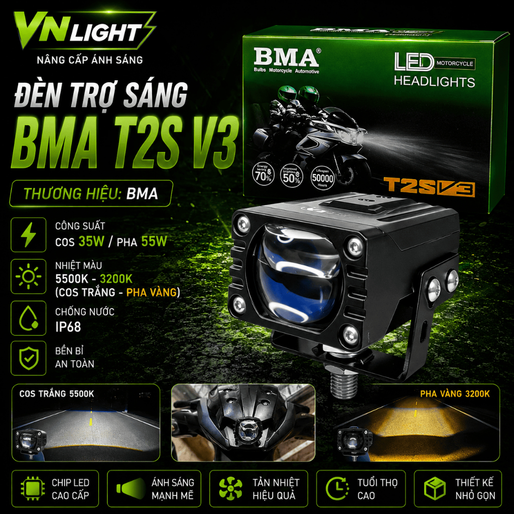 Đèn Trợ Sáng Bi Cầu Mini BMA T2S V3 55W Chính Hãng Siêu Sáng Cos Pha Rõ Nét Bám Đường Tốt BH 1 Năm