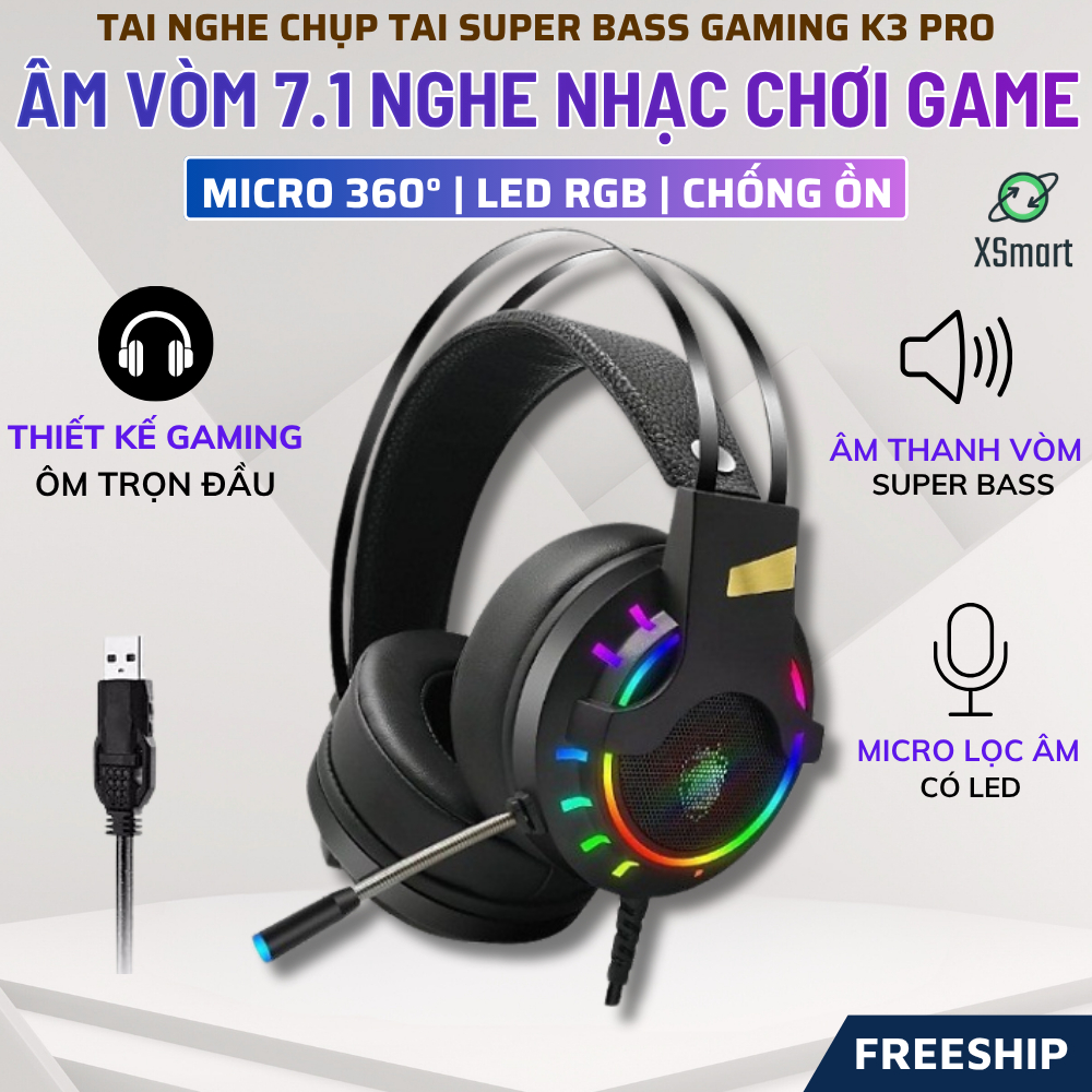 Tai Nghe Chụp Tai Chuyên Game Máy Tính K3 Super Gaming Giả Lập 7.1 USB LED RGB Chống Ồn, Siêu Bass