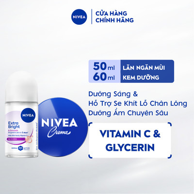 Bộ Kem Dưỡng Ẩm Da NIVEA Crème (60ml) & Lăn Ngăn Mùi NIVEA Extra Bright/Lăn Dưỡng Sáng Đều Màu(50ml) - 80102+81644/91780