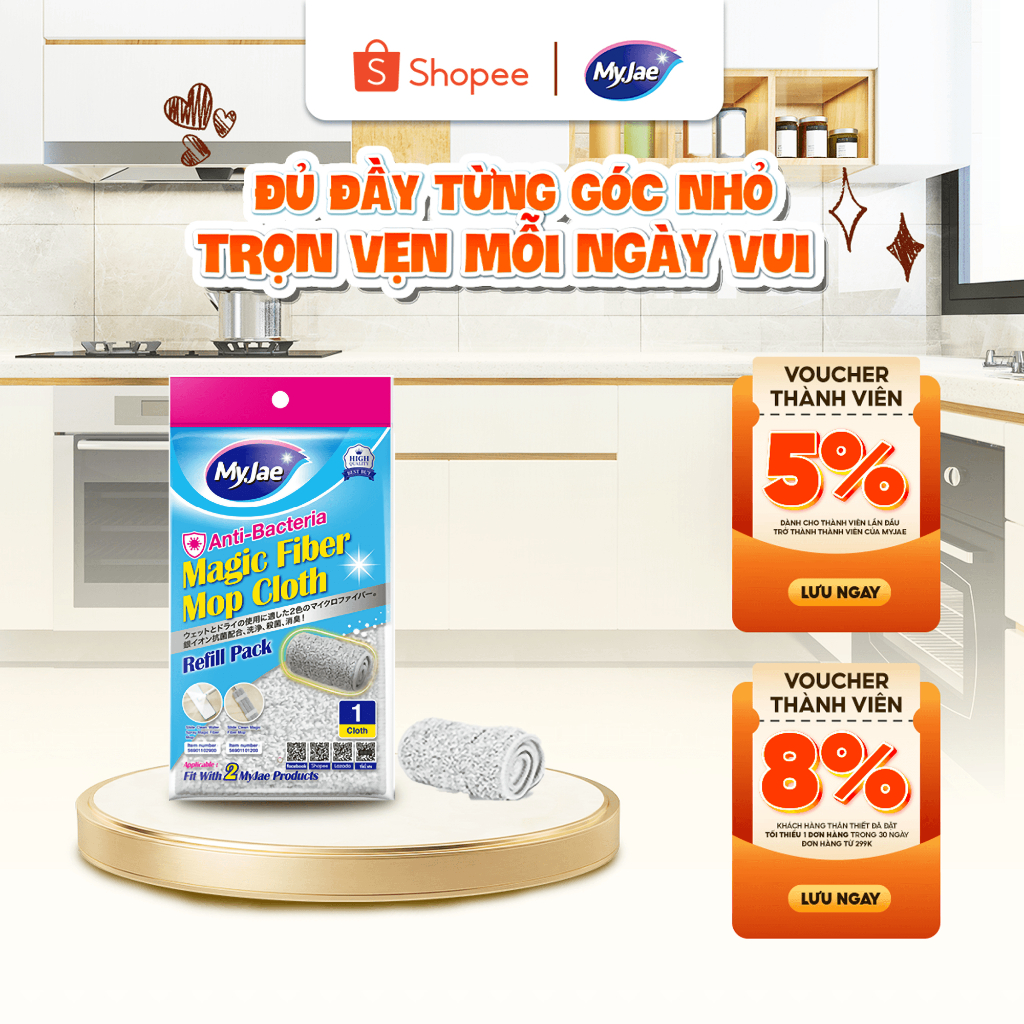 Bông Lau Thay Thế MyJae Sợi Fiber Cao Cấp 33.5x10.5cm – Dành Cho Cây Lau Nhà Tự Vắt Kháng Khuẩn & Ph